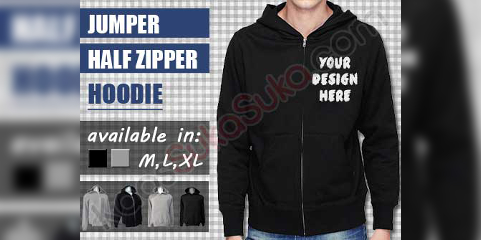 jaket hoodie jumper dan half zipper custom design sendiri